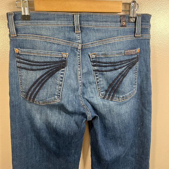 7FAMK Dojo Jeans Size 28 Frayed Hem Flared Retro Blue Denim Embroidered Pockets - Picture 8 of 11